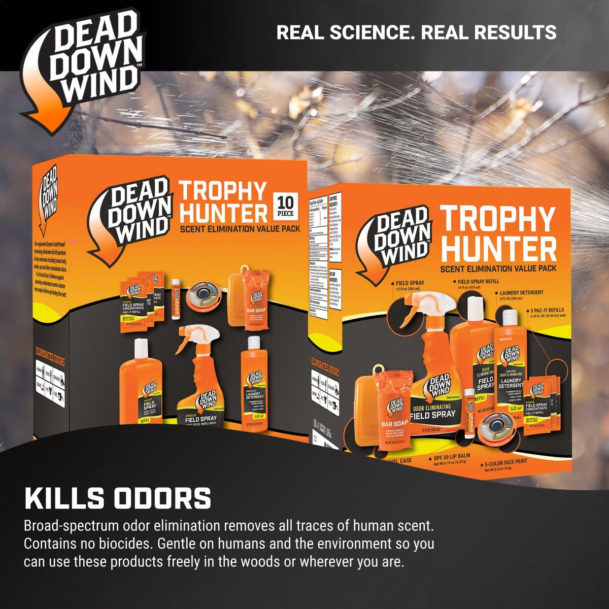 Dead Down Wind Scent Eliminator in official packaging, effectively kills odors without harmful chemicals. Available at Curat Cart.