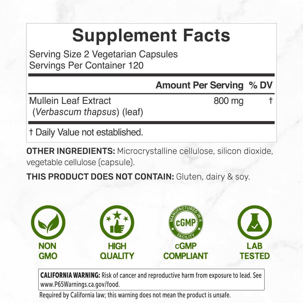 Mullein Leaf Extract supplement facts showcasing high quality, non-GMO, and lab-tested. 100% Authentic, available at Curat Cart.