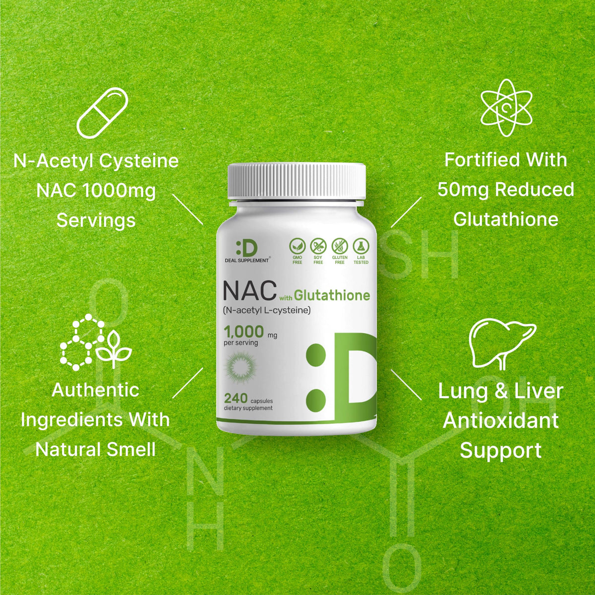 Deal Supplement NAC Supplement with 1000mg servings, featuring official packaging that supports lung and liver health. Available at Curat Cart.