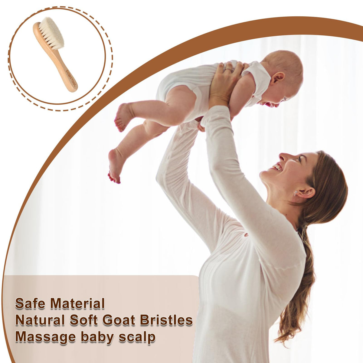 Debetool Baby Hair Brush features natural soft goat bristles in official packaging, perfect for gently massaging your baby's scalp. Available at Curat Cart.