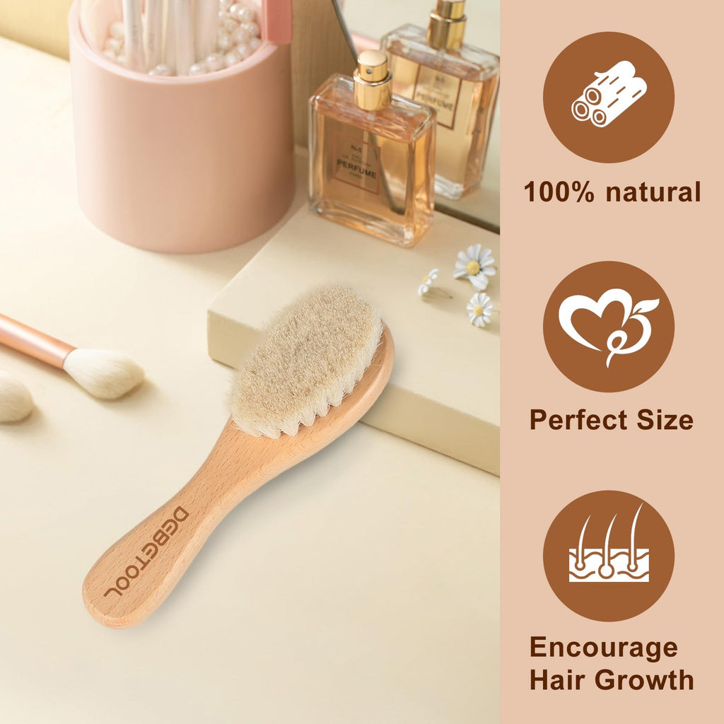 Debetool Baby Hair Brush enhances hair growth with 100% natural materials. Perfect for daily use. Available at Curat Cart.