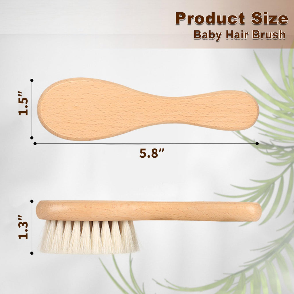 Debetool Baby Hair Brush in high-quality wood finish, showcasing size details. Available at Curat Cart for premium care.