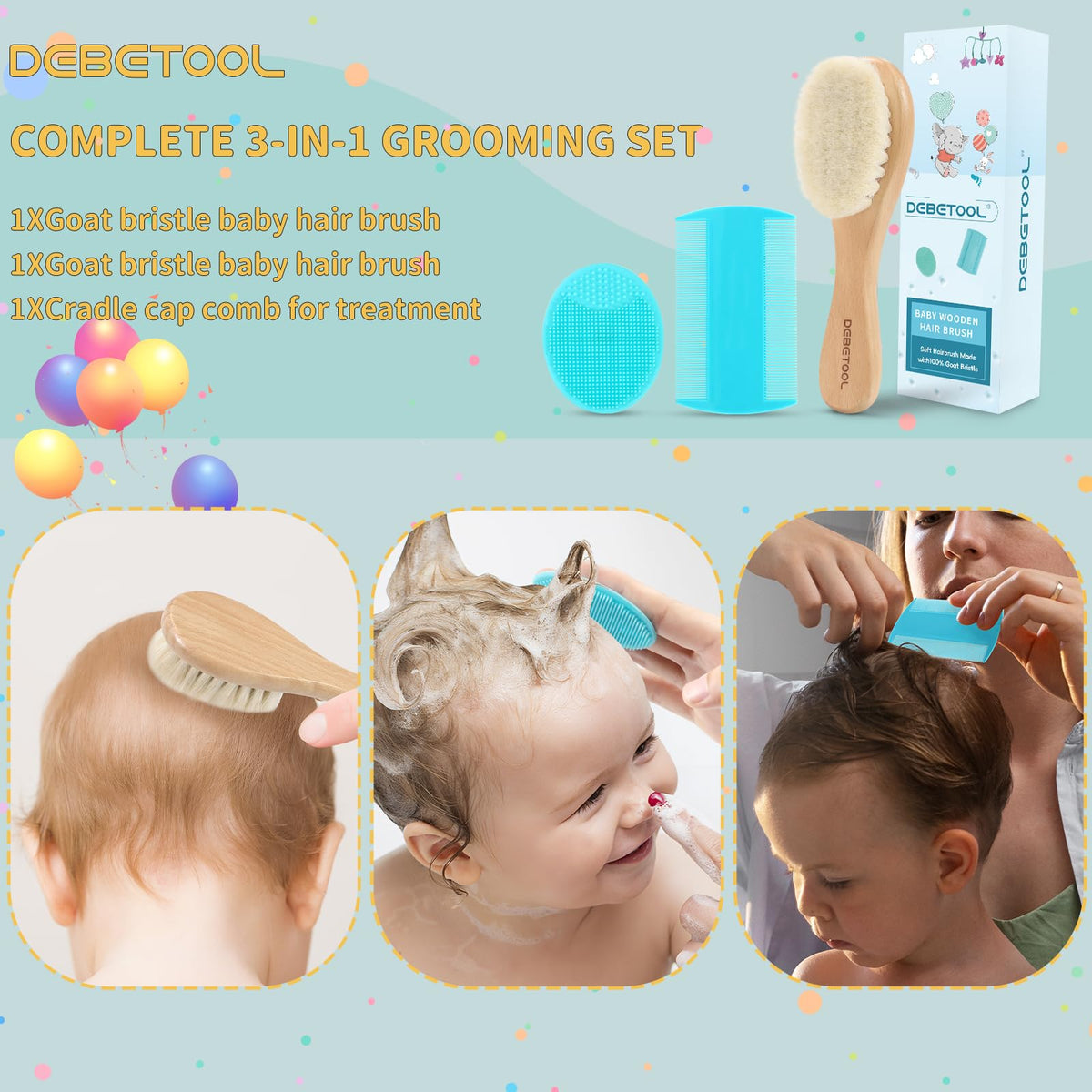 Discover the Debetool Cradle Cap Brush Set, specially curated by Curat Cart for gentle baby hair care and treatment.