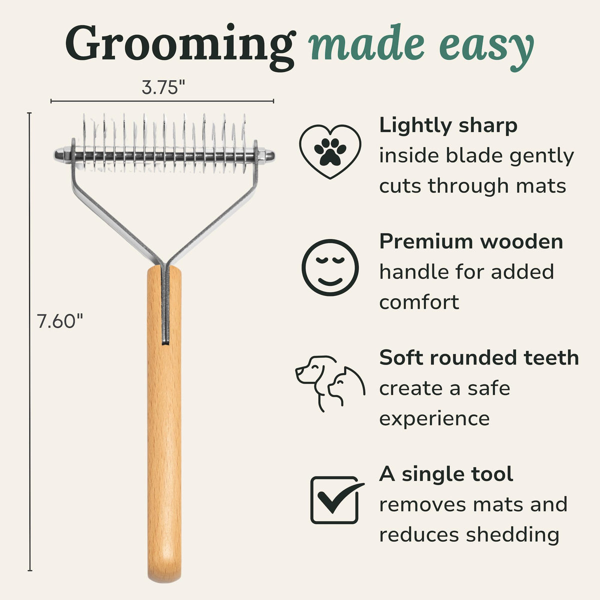 Premium dematting comb for cats and dogs with a wooden handle, designed for comfort and effective mat removal. Available at Curat Cart.
