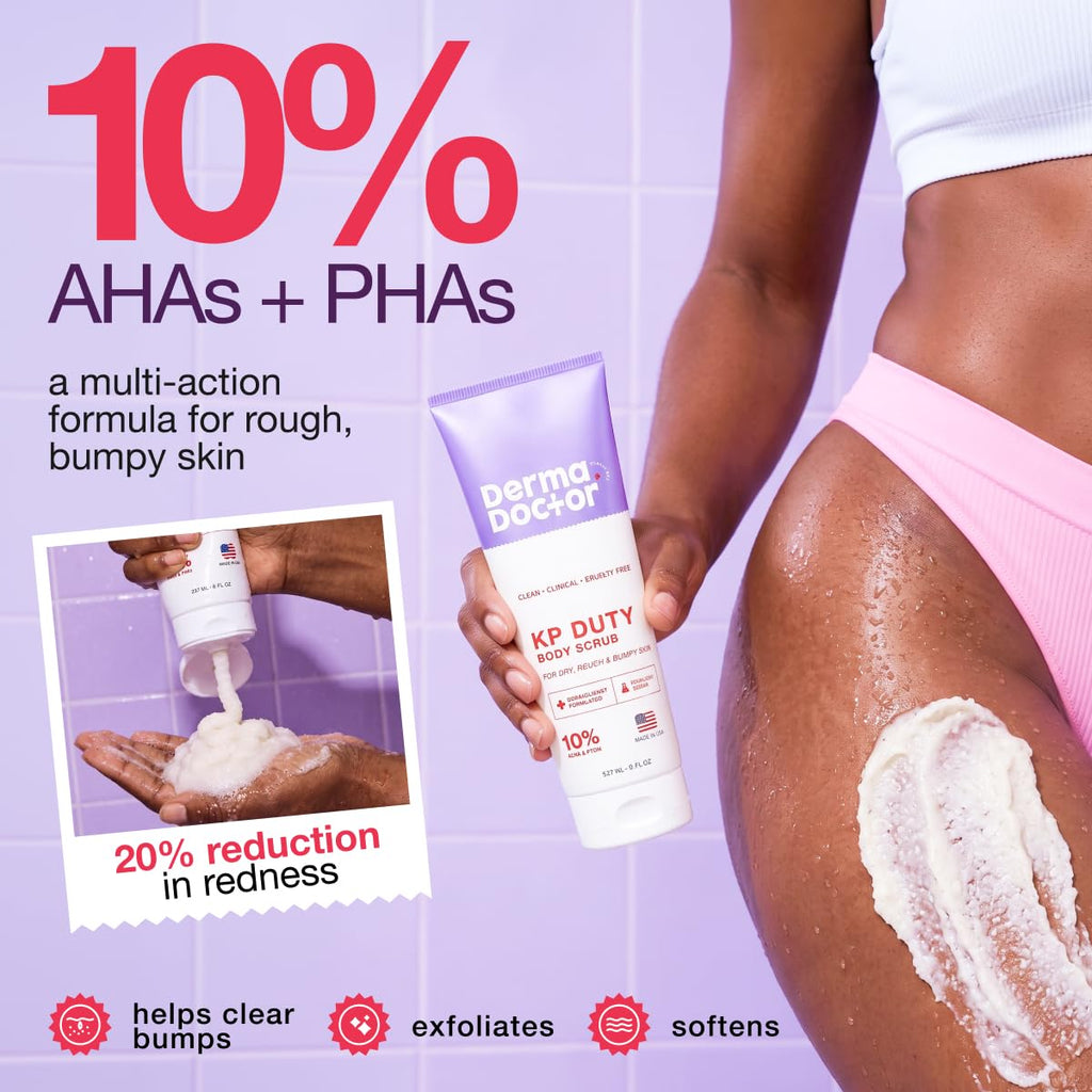 DERMAdoctor KP Bump Eraser Body Scrub features 10% AHAs/PHAs for soft, smooth skin. Helps reduce bumps and redness.