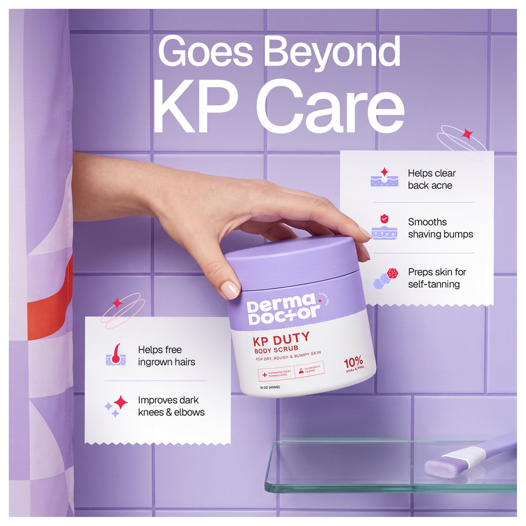 DERMAdoctor KP Bump Eraser Body Scrub on a shelf. Order online now for smooth skin and free ingrown hairs!