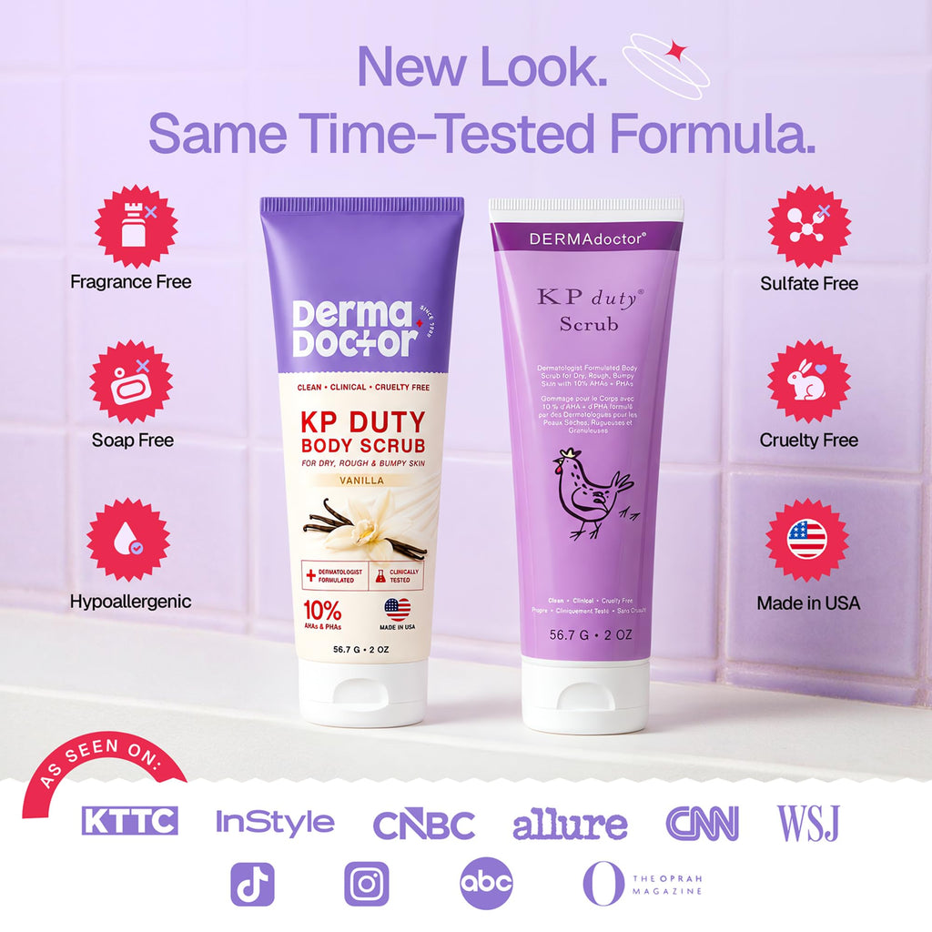 DERMAdoctor KP Bump Eraser Body Scrub features a new look and is fragrance-free, hypoallergenic, and made in the USA.