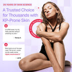DERMAdoctor KP Bump Eraser Body Scrub in promotional image highlighting customer testimonials and its effectiveness on KP-prone skin.