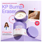 Premium KP Bump Eraser Body Scrub in purple jar, dermatologist-developed, made in USA for smooth, bumpy skin care.