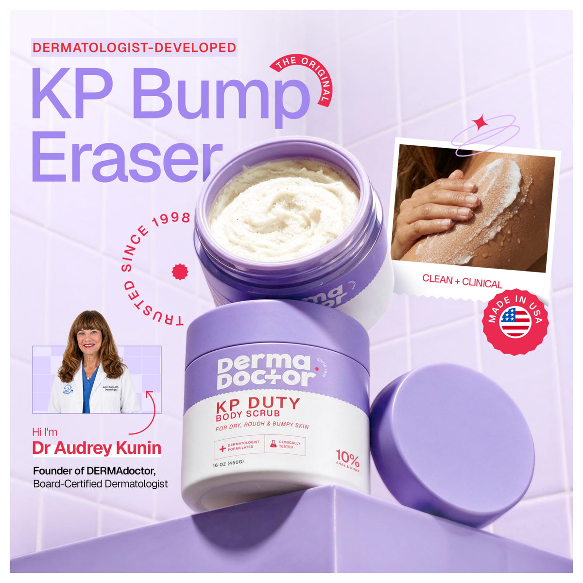 Premium KP Bump Eraser Body Scrub in purple jar, dermatologist-developed, made in USA for smooth, bumpy skin care.