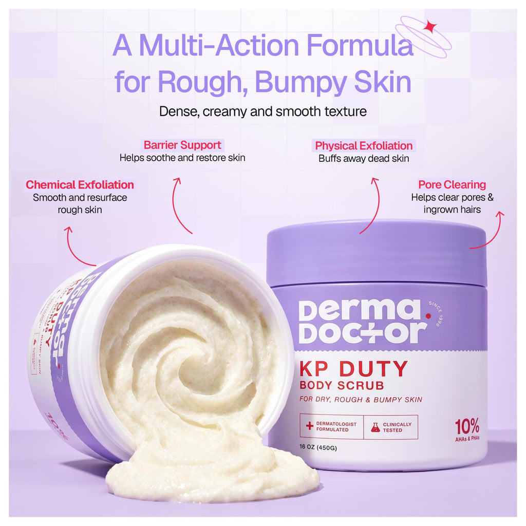 DERMAdoctor KP Bump Eraser Body Scrub with creamy texture, promotes smooth skin through exfoliation and pore clearing.