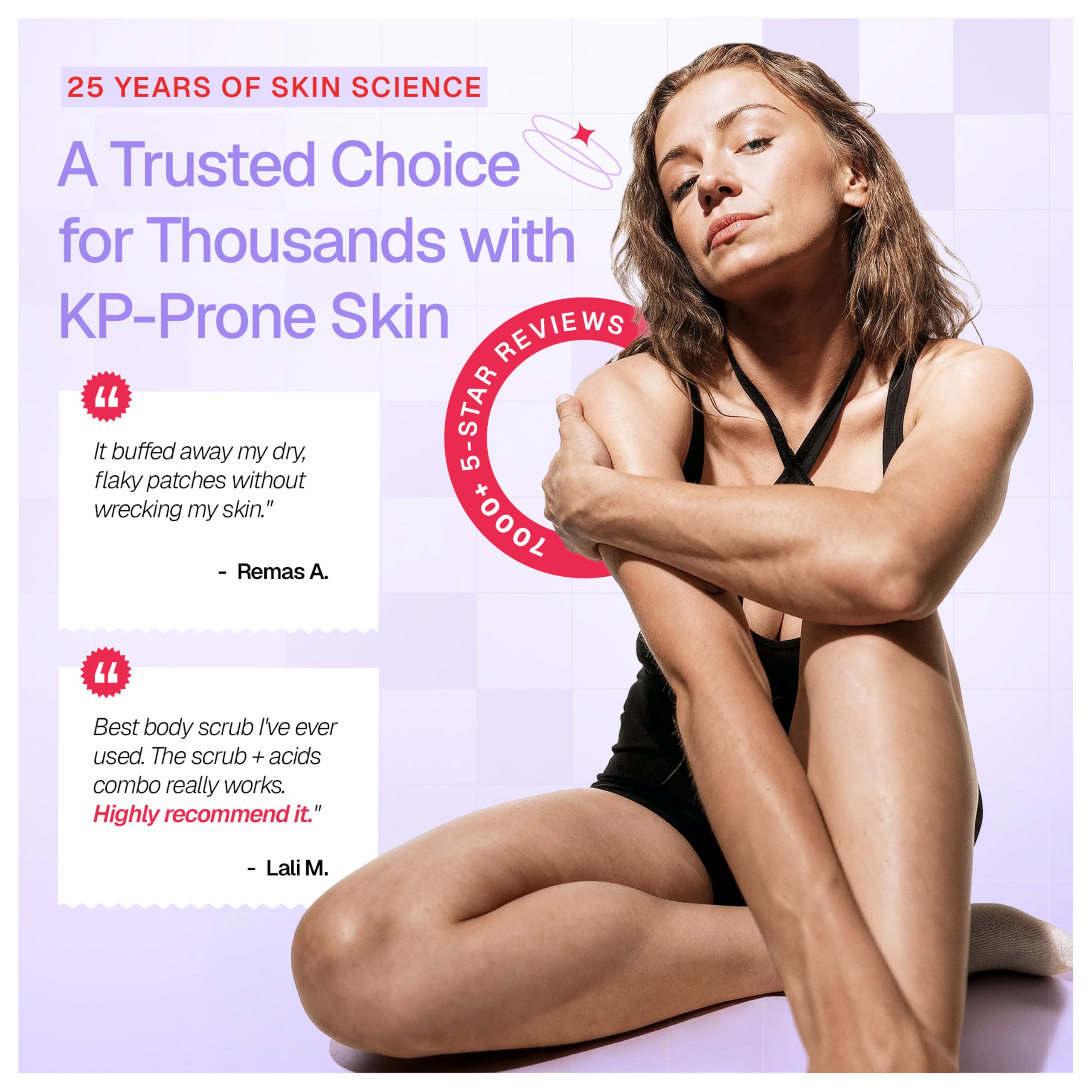 Promotes DERMAdoctor’s KP Bump Eraser, a trusted scrub for keratosis pilaris, featuring glowing reviews and authentic testimonials.