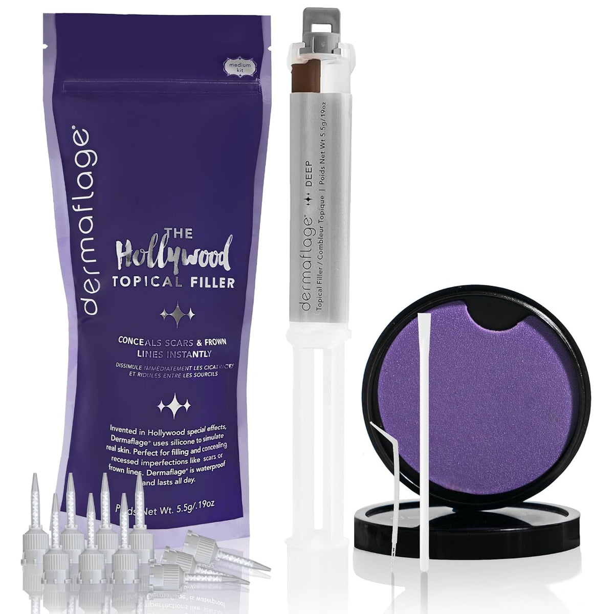 Original Dermaflage Scar Filler Kit featuring topical filler, applicators, and blending powder for flawless skin concealment.