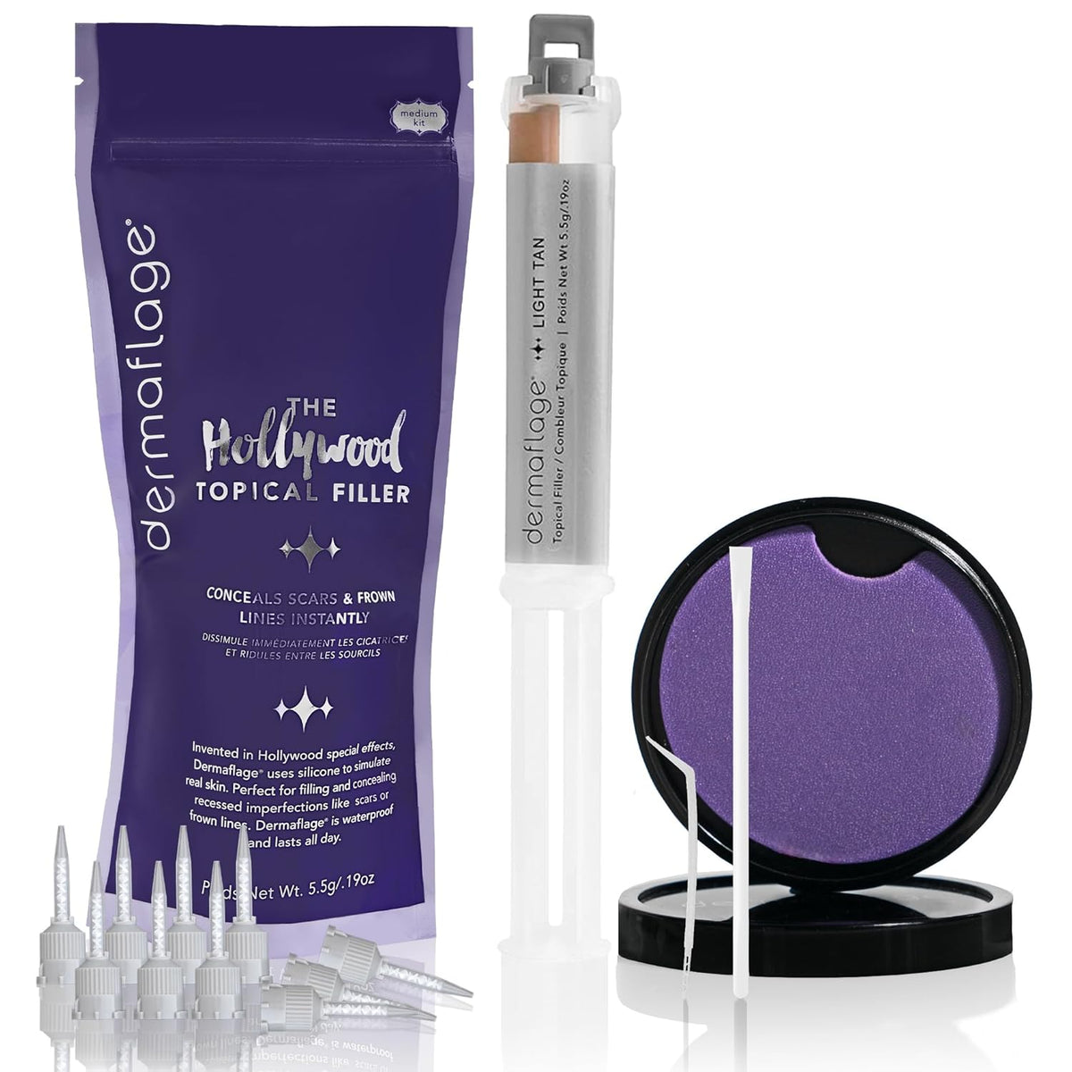 Original Dermaflage Scar Filler Kit includes packaging, filler, and tools for instant scar concealment.