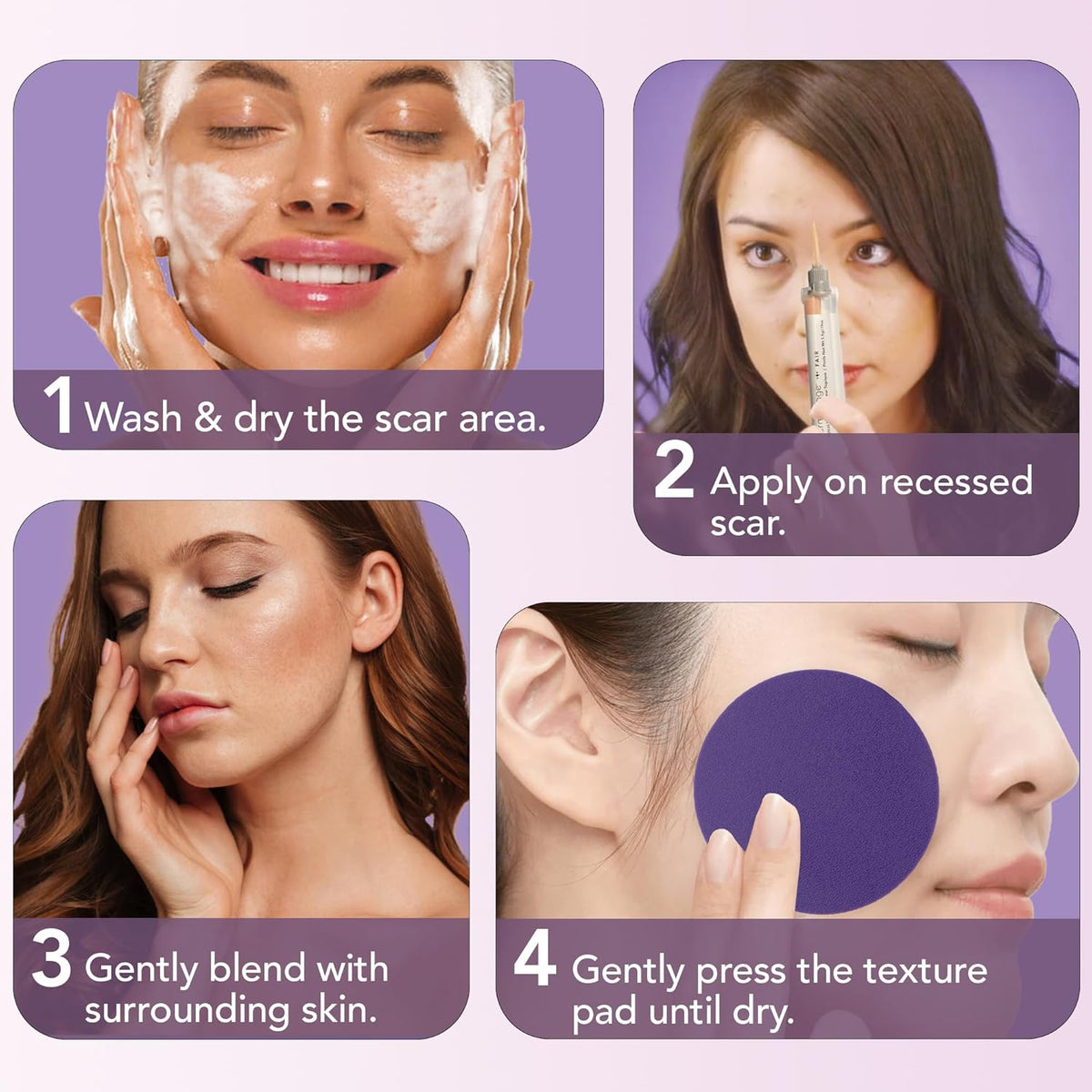 Dermaflage Scar Filler Kit in use, demonstrating application steps on skin for effective scar coverage and blending.
