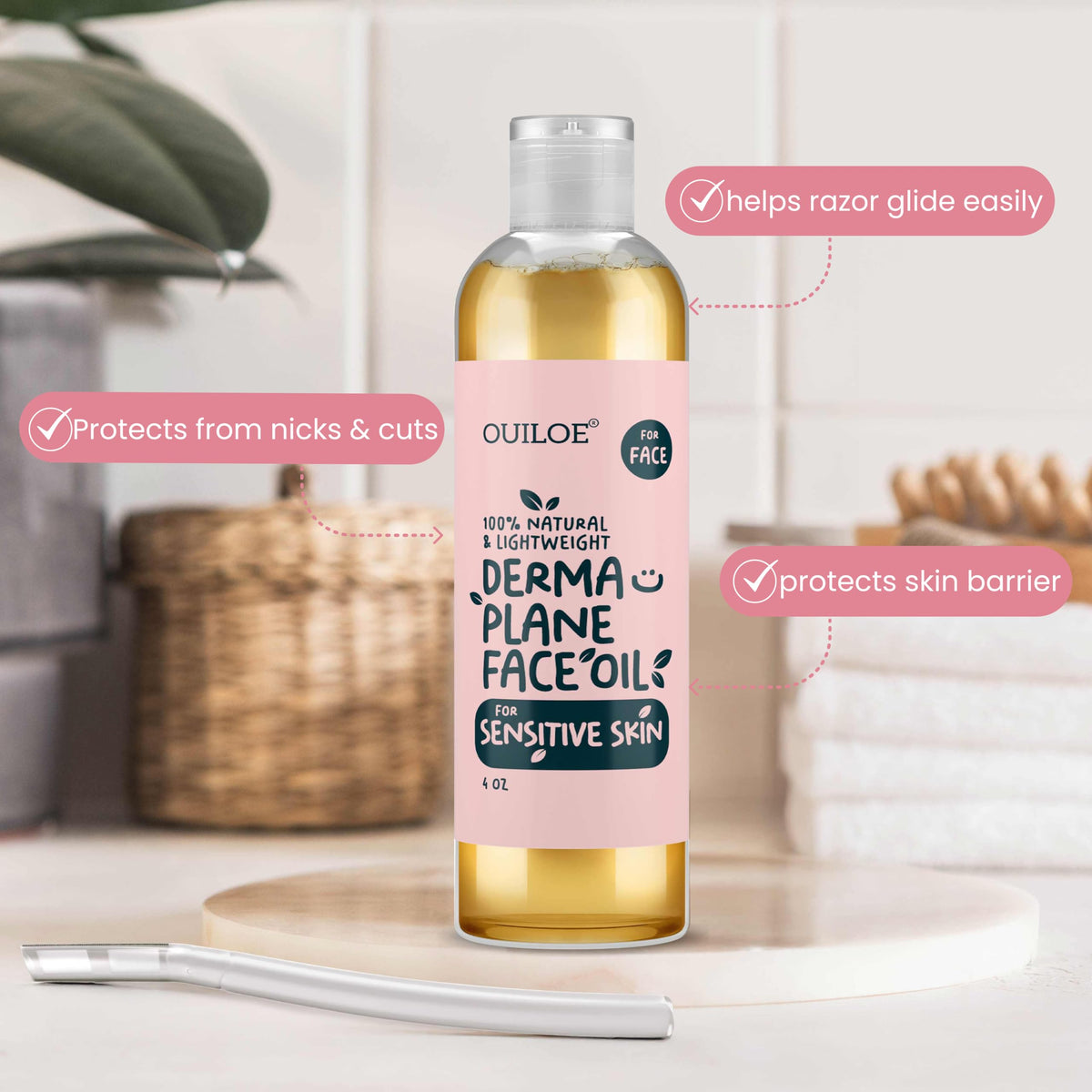 Premium imported Dermaplane Oil, 100% natural formula, designed for sensitive skin to ensure smooth, safe shaving.