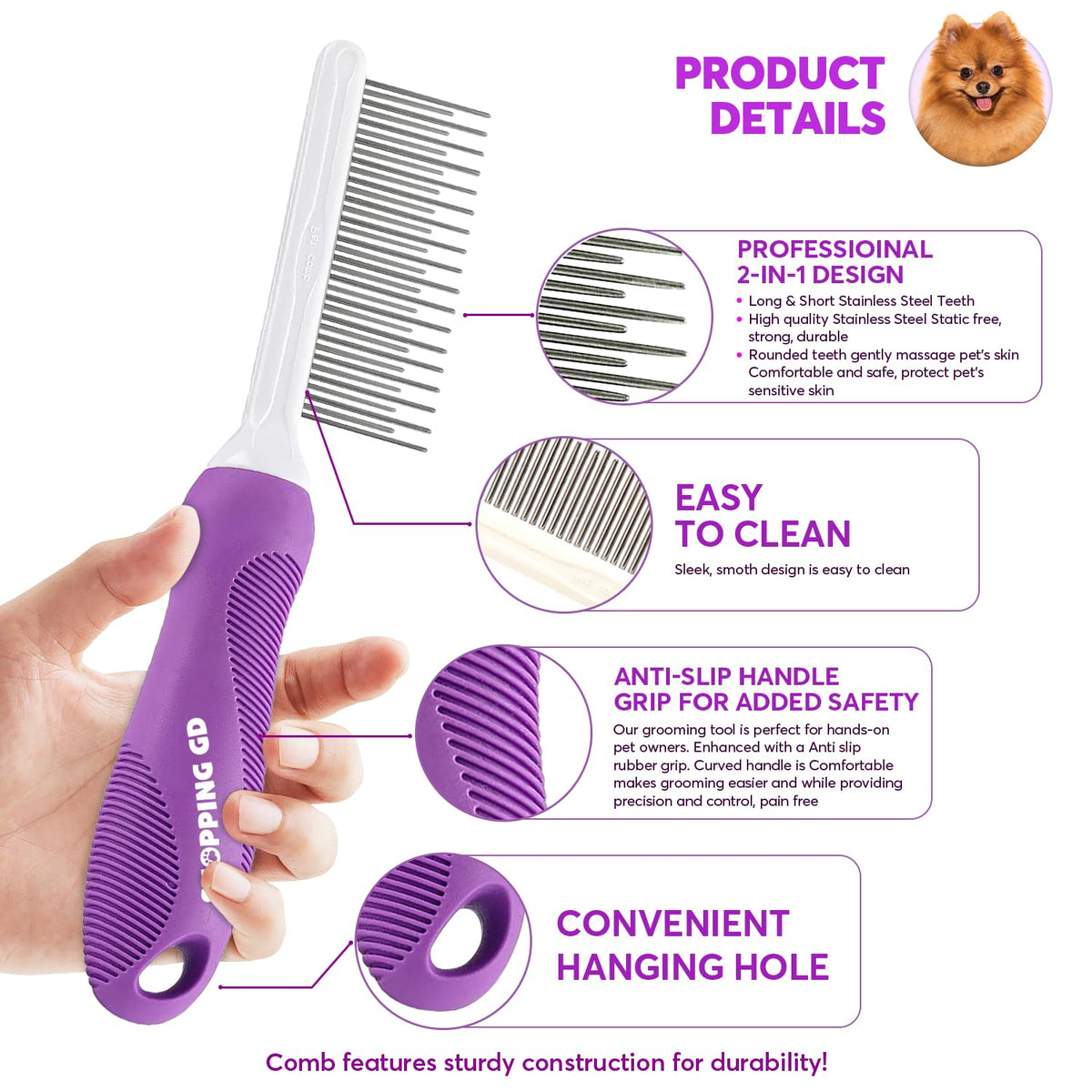 Detangling Pet Comb for Grooming with stainless steel teeth, 100% Authentic, available at Curat Cart in India.