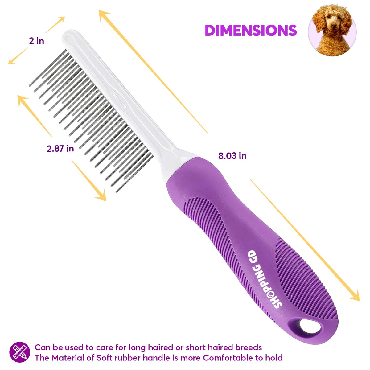 Premium detangling pet comb with soft rubber handle, ideal for grooming long or short-haired breeds. Available at Curat Cart.