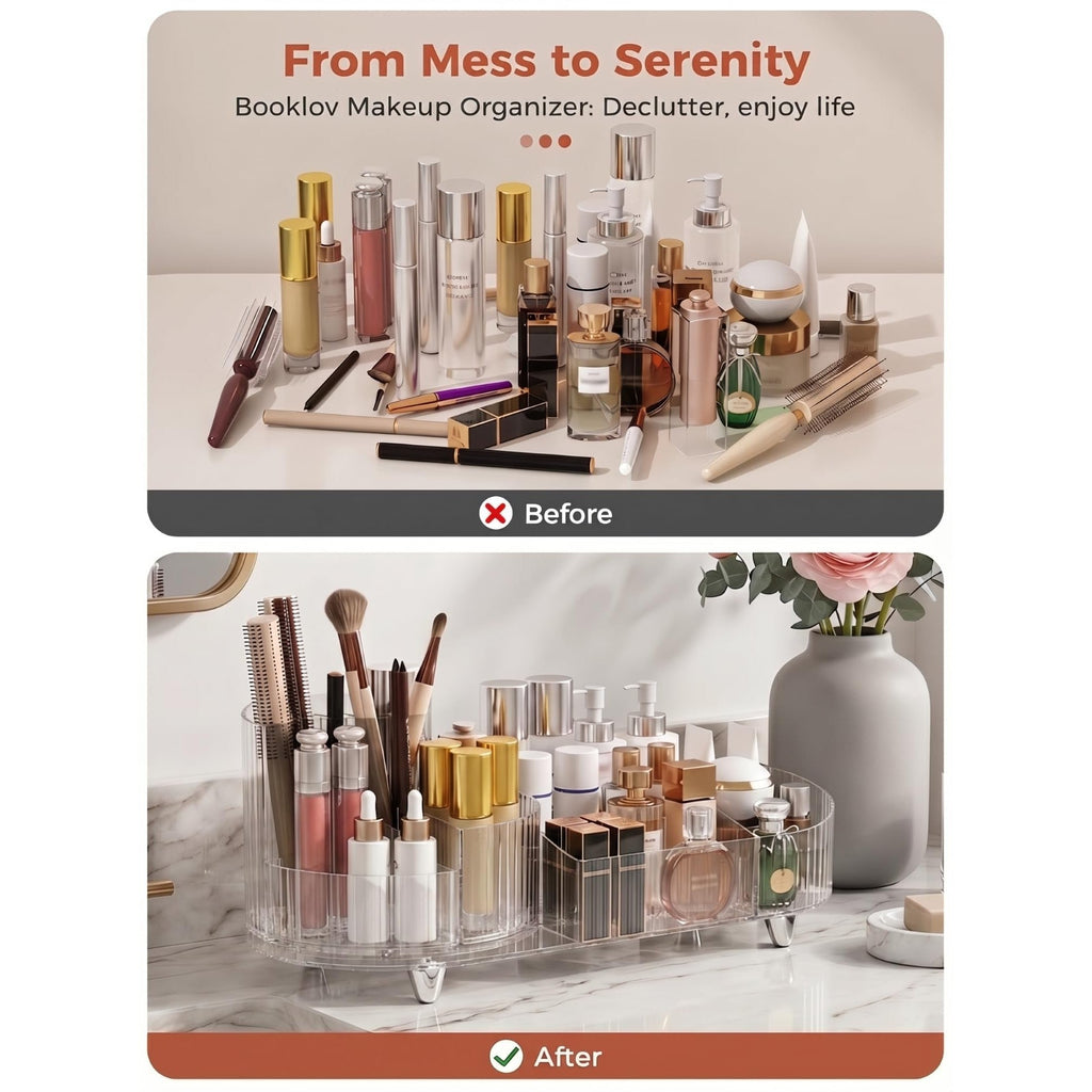 Booklov Rotating Makeup Organizer transforms cluttered spaces into serene beauty displays. Premium quality, globally favored.