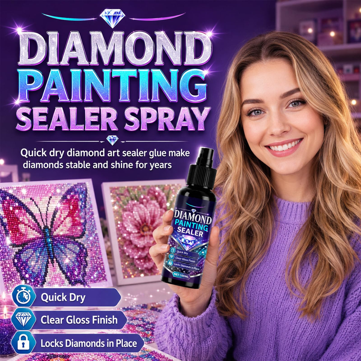 Diamond Painting Sealer Spray ensures diamonds stay stable and shine for years. 100% Authentic, available at Curat Cart in India.