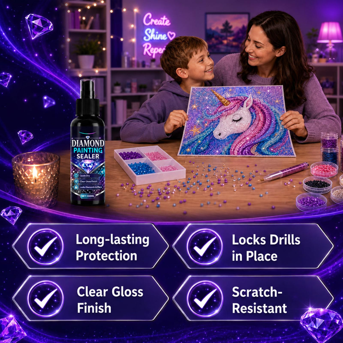 Enhance your art with Diamond Painting Sealer Spray, exclusively from Curat Cart, ensuring long-lasting protection and a glossy finish.