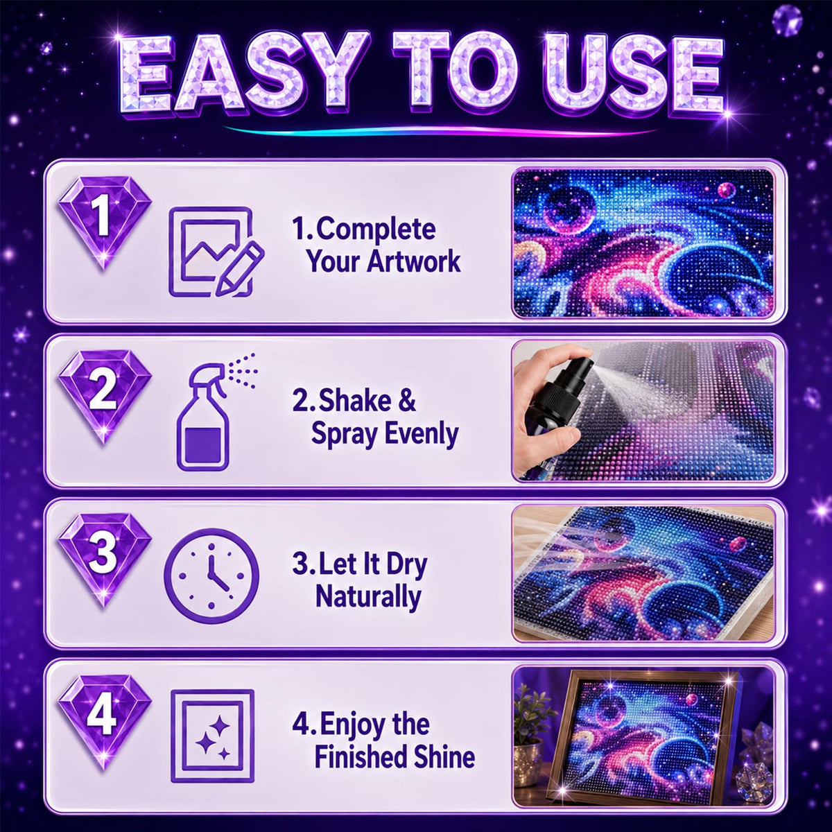 Diamond Painting Sealer Spray instructions showcasing easy application steps. 100% Authentic, available at Curat Cart in India.