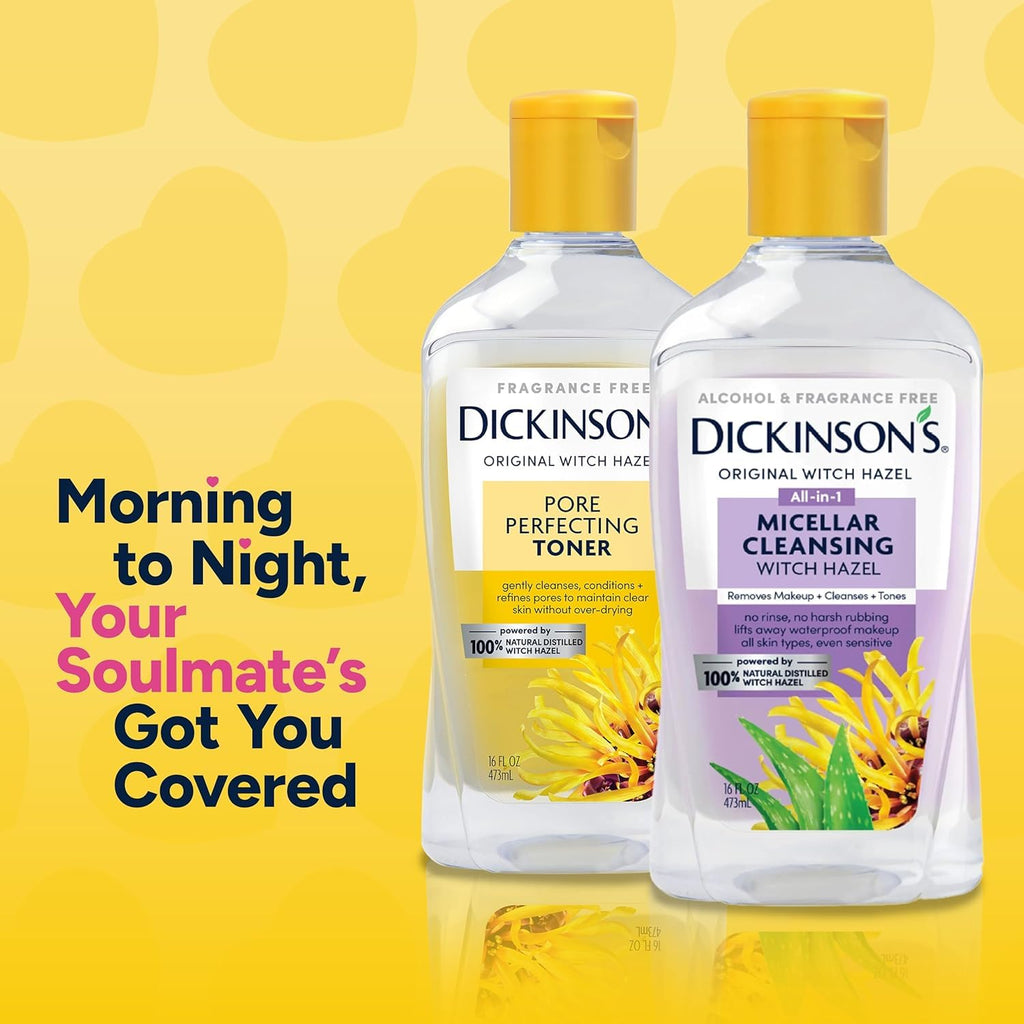Dickinson's Micellar Cleansing Witch Hazel bottle offers effective makeup removal, hydration, and skin soothing for all skin types.