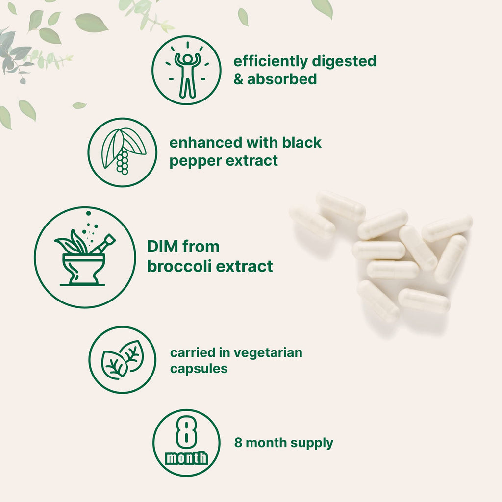 Discover DIM Active Supplement, featuring vegetarian capsules with broccoli extract, exclusively at Curat Cart for an 8-month supply.