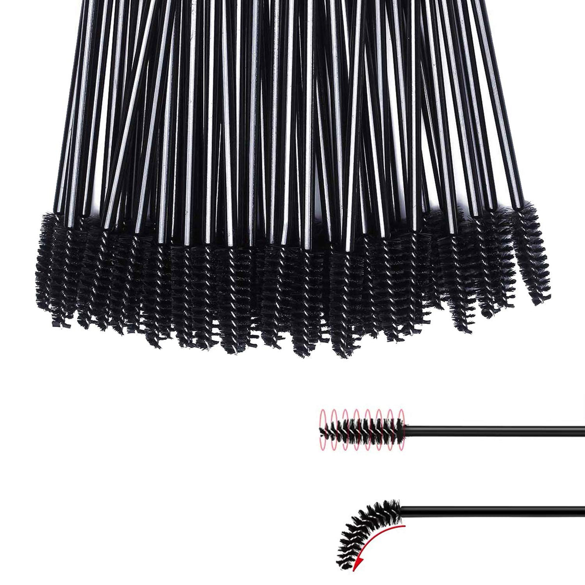 A collection of disposable eyelash brushes in black, featuring curved and straight designs for precise application.