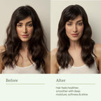 Before and after effect of Divi Volumizing Shampoo & Conditioner shows healthier, smoother, and shinier hair.