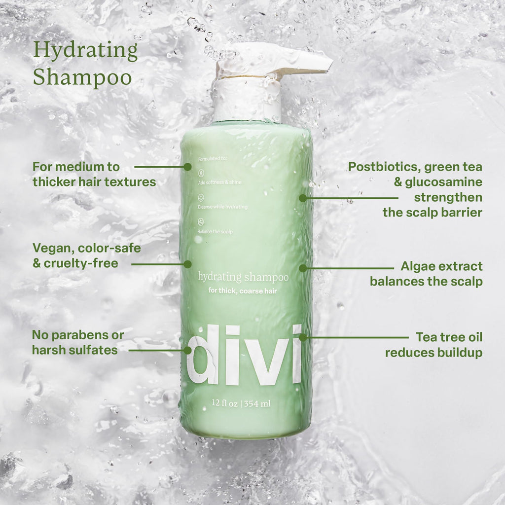 Authentic Divi Hydrating Shampoo in a green bottle, designed for thick hair, vegan, cruelty-free, and sulfate-free.