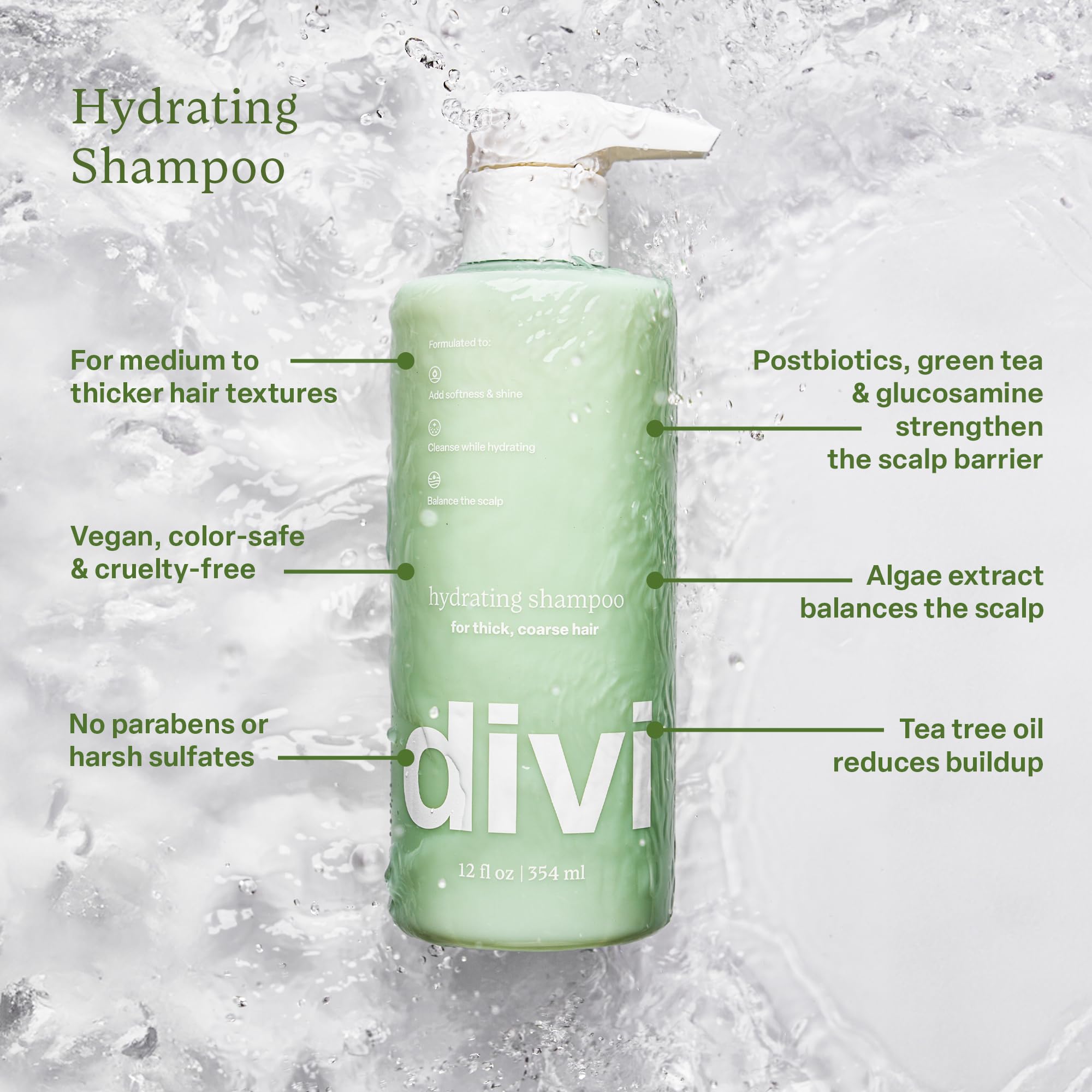 Authentic Divi Hydrating Shampoo in a green bottle, designed for thick hair, vegan, cruelty-free, and sulfate-free.