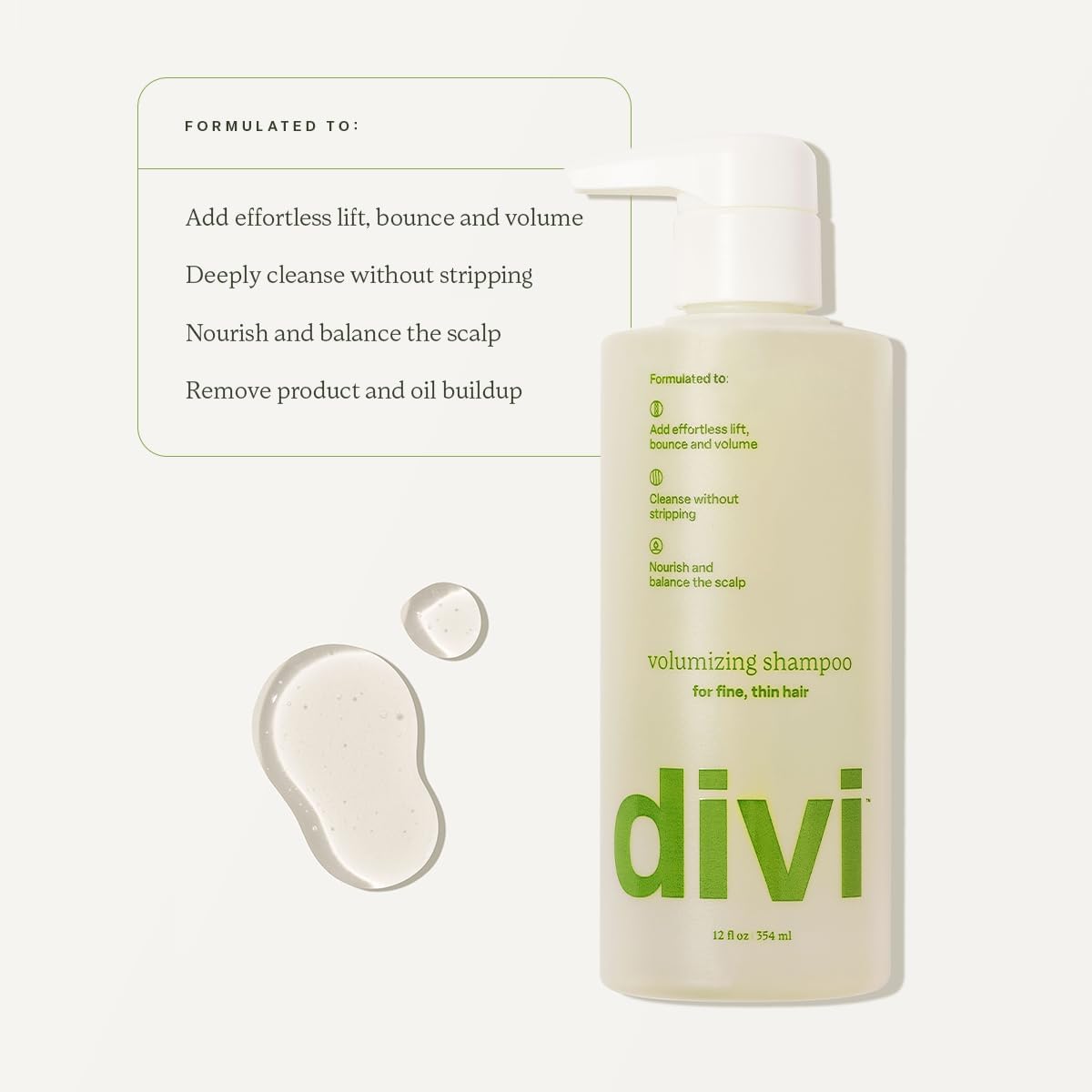 Divi Volumizing Shampoo, 12 oz, for fine hair. Formulated to add volume, cleanse, and nourish the scalp. Premium quality.