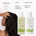 Divi Volumizing Shampoo and Conditioner for fine, thin hair. Vegan, paraben-free. Available for online order.