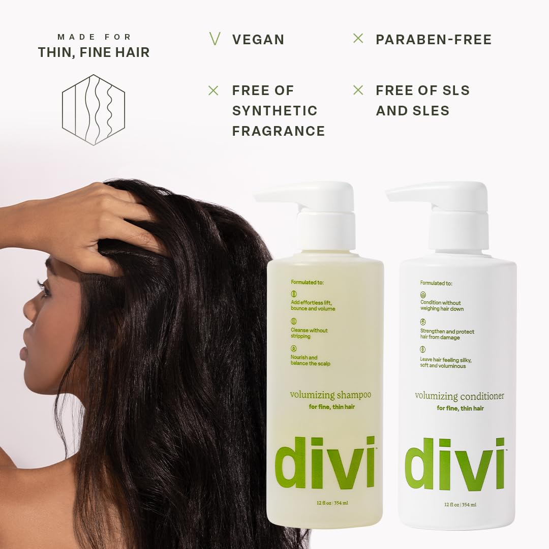 Divi Volumizing Shampoo and Conditioner for fine, thin hair. Vegan, paraben-free. Available for online order.