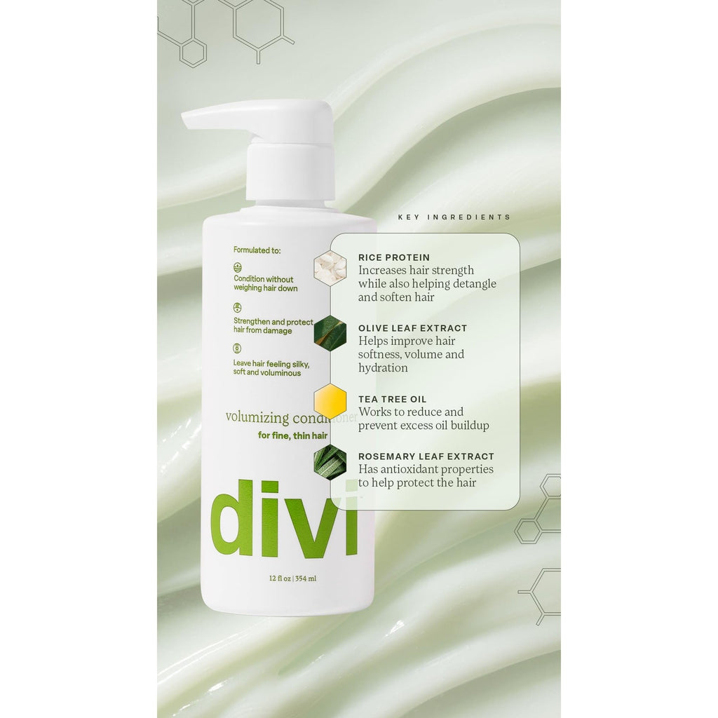 Premium imported Divi Volumizing Shampoo & Conditioner with key ingredients for hair strength and hydration.