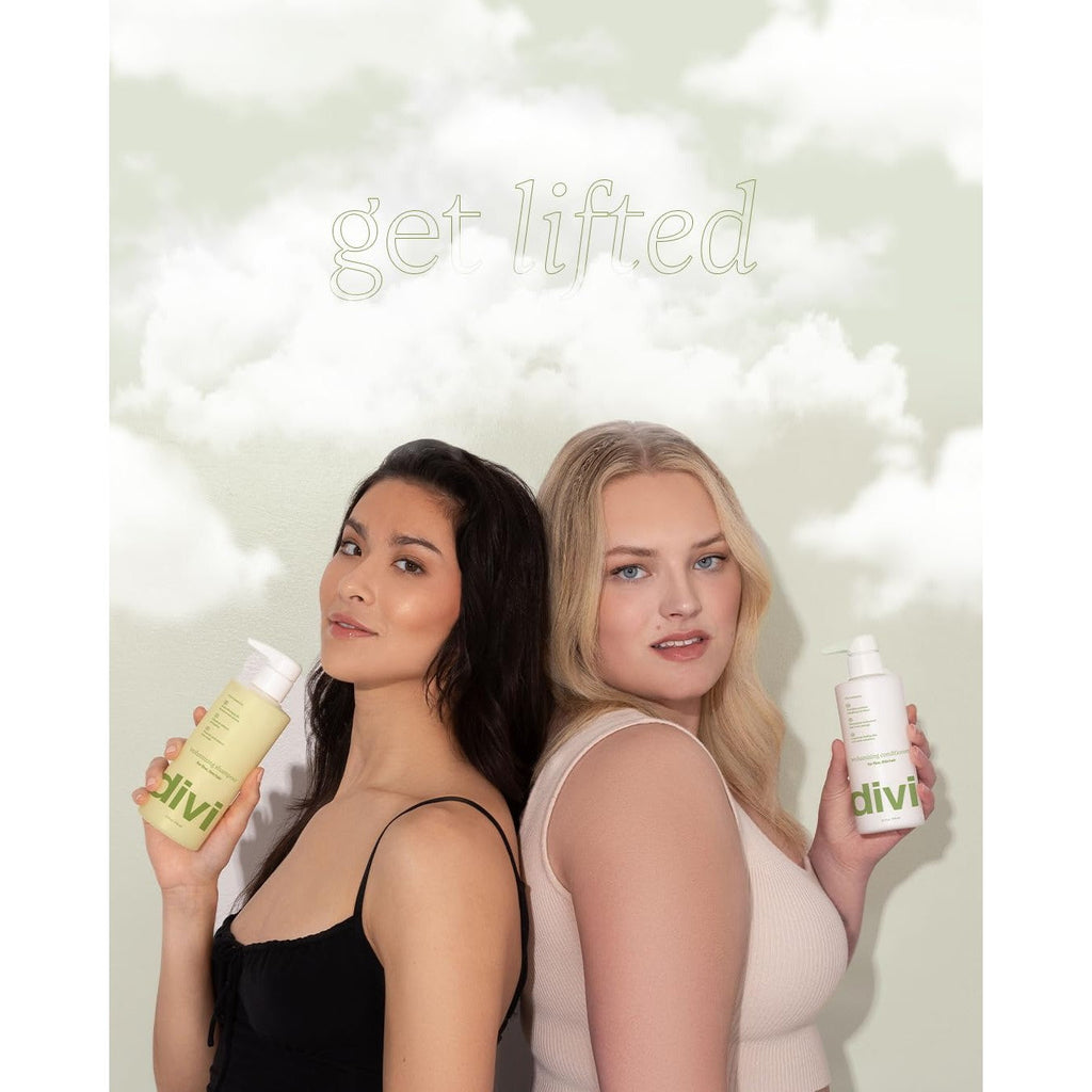 Two women showcasing Divi Volumizing Shampoo & Conditioner. Authentic, 100% genuine hair care for fuller hair.