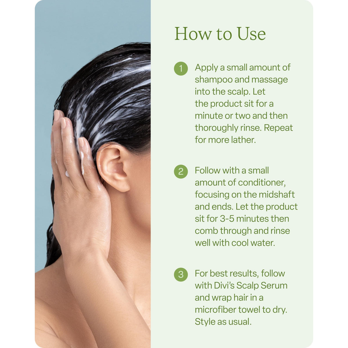 A woman applying Divi Volumizing Shampoo in her hair with instructions for use on the side, enhancing beauty routine.