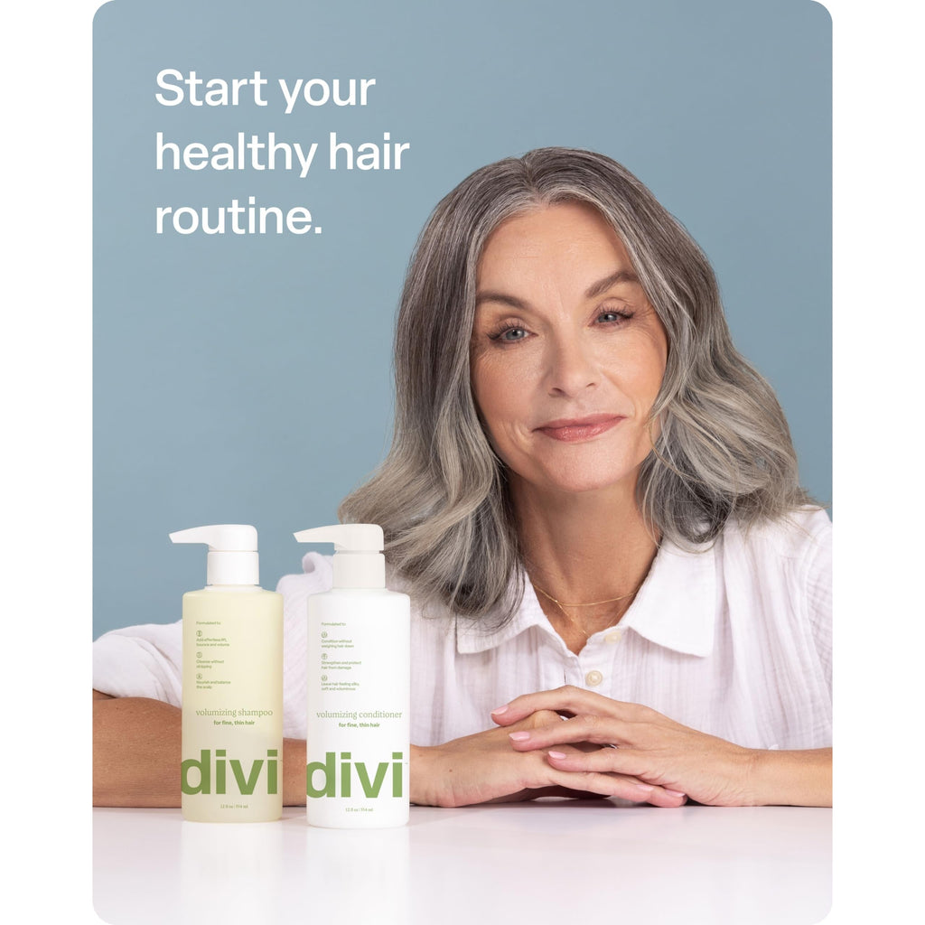 Premium volumizing shampoo and conditioner set for healthy hair, featuring a model promoting a healthy hair routine.