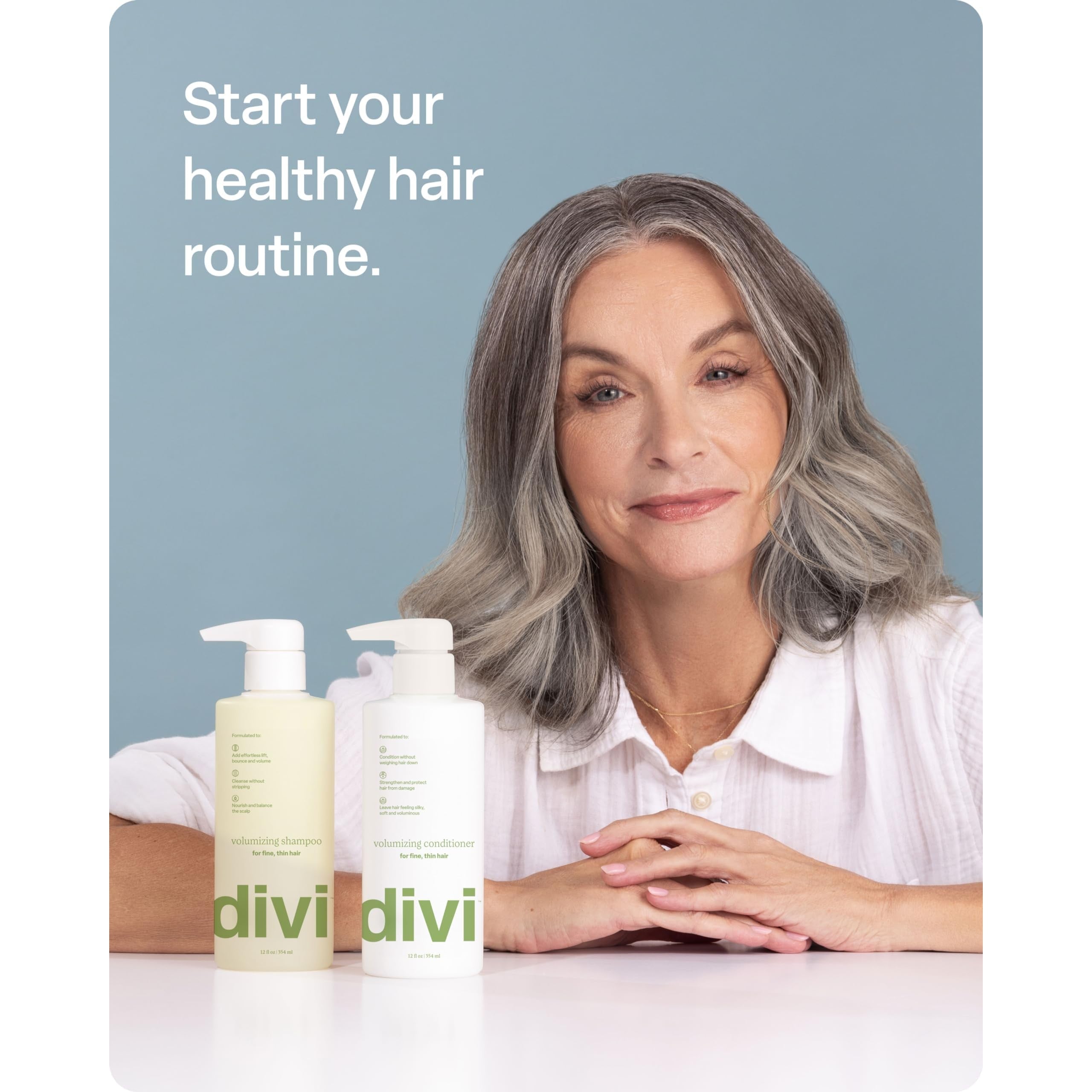 Premium volumizing shampoo and conditioner set for healthy hair, featuring a model promoting a healthy hair routine.