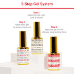 Premium imported DND Gel Nail Polish Duo features base, white, and top coats for a long-lasting, high-shine manicure. Made in USA.