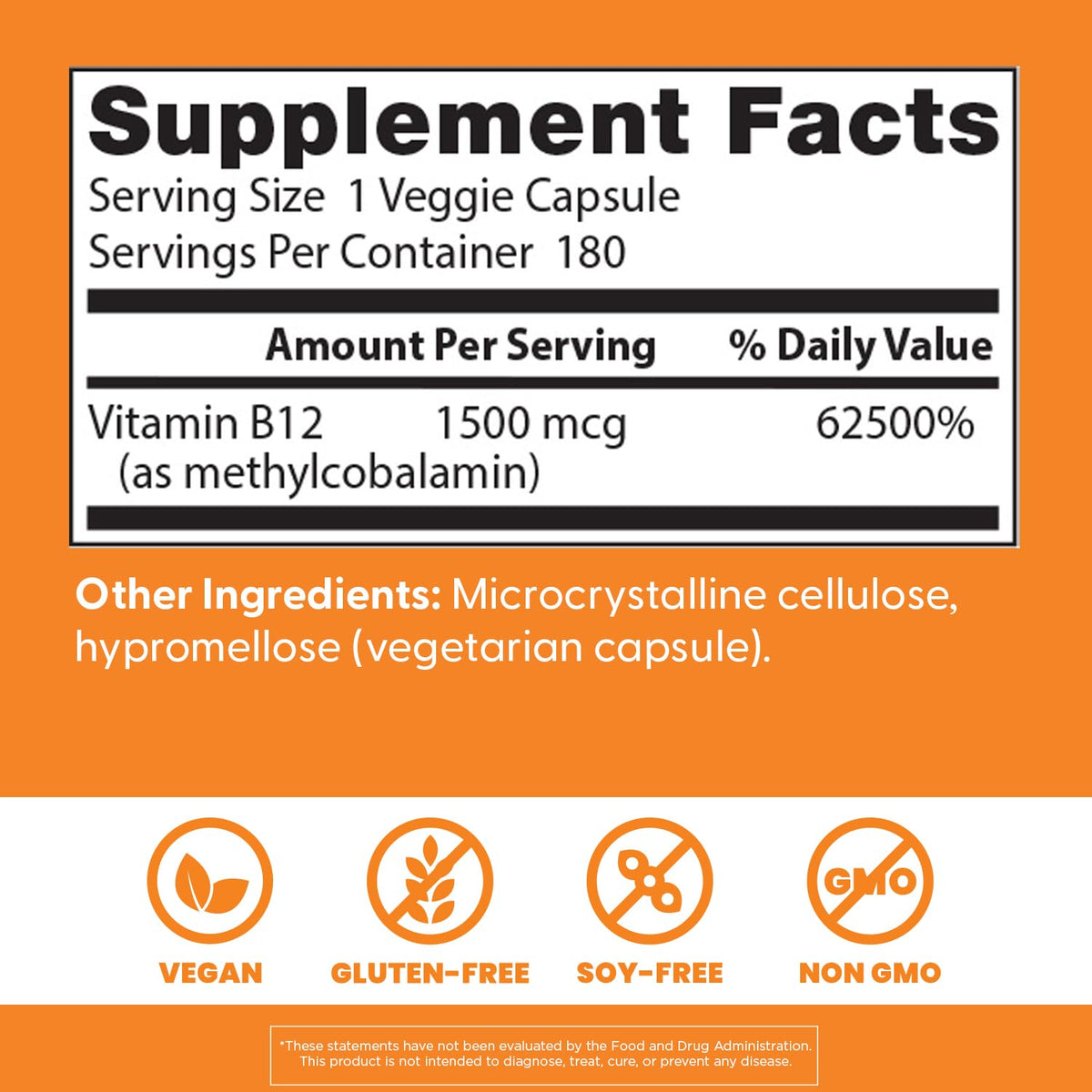 Doctor's Best Vitamin B12 Methylcobalamin supplement facts; vegan, gluten-free, non-GMO. Verified by CuratCart.