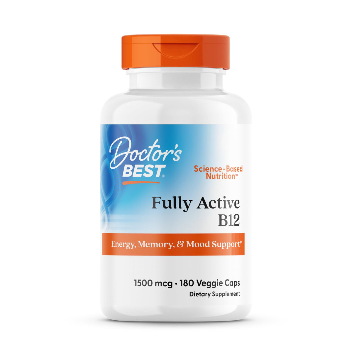 Premium imported Doctor's Best Fully Active B12, 1500 mcg for energy, memory, and mood support in 180 veggie caps.