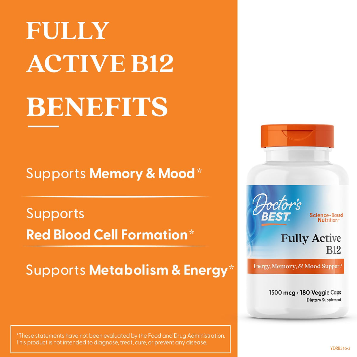 Premium imported Doctor's Best Vitamin B12 Methylcobalamin supports memory, energy, and metabolism for vibrant health.