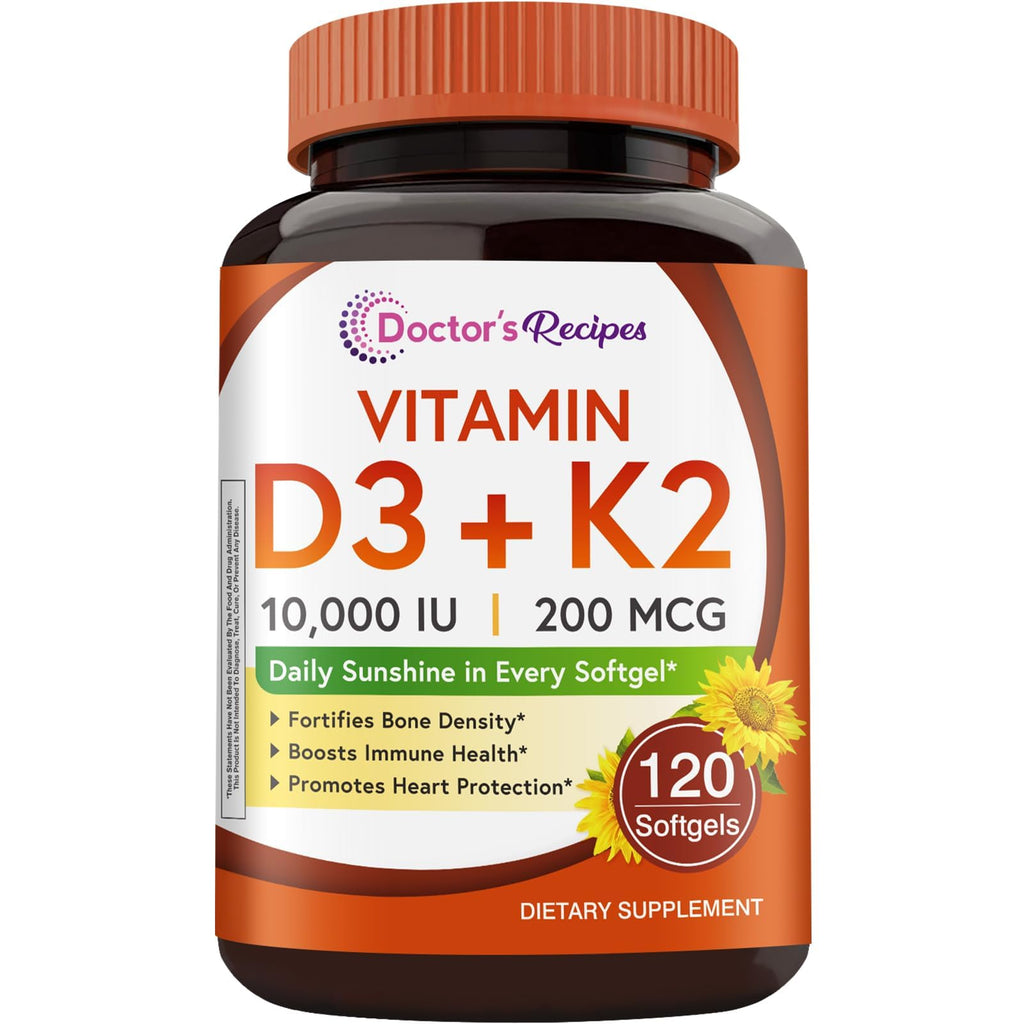 Doctor's Recipes Vitamin D3 K2, a premium import, supports bone density and immune health. Available at Curat Cart.