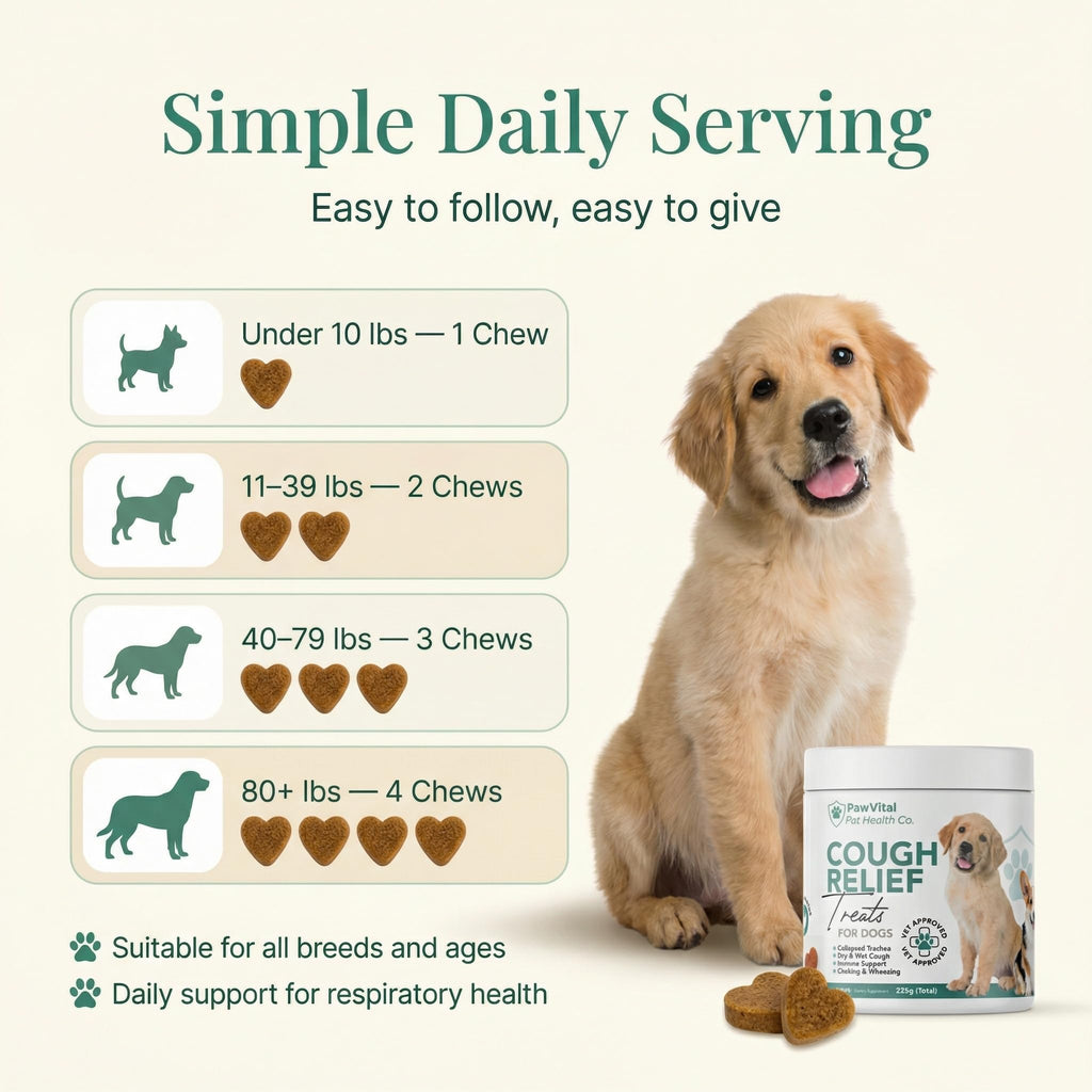 Natural Dog Cough Medicine offers a simple daily serving for respiratory health. Perfect for all breeds. Available at Curat Cart.