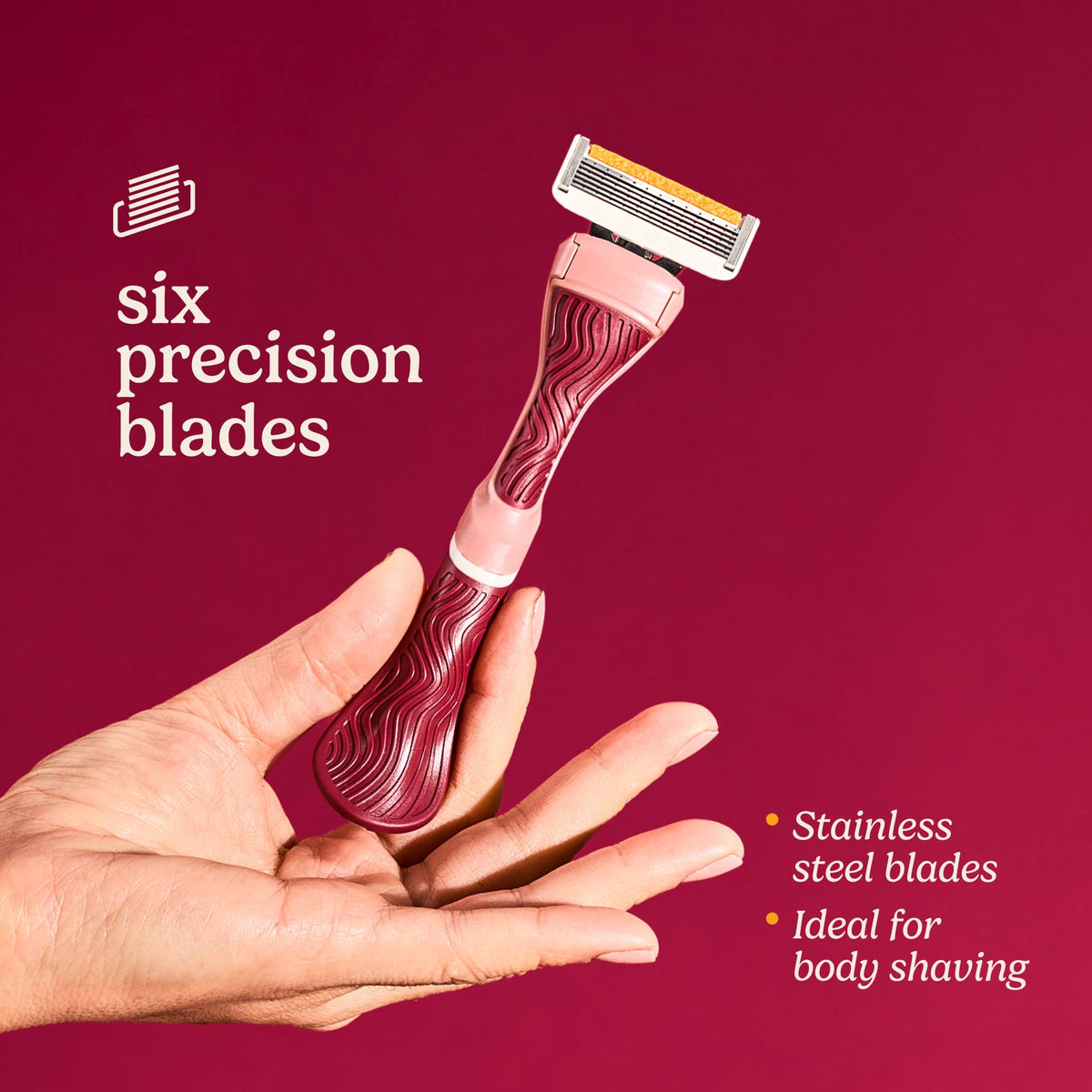 Dollar Shave Club's women's razor features six precision stainless steel blades, perfect for smooth body shaving.