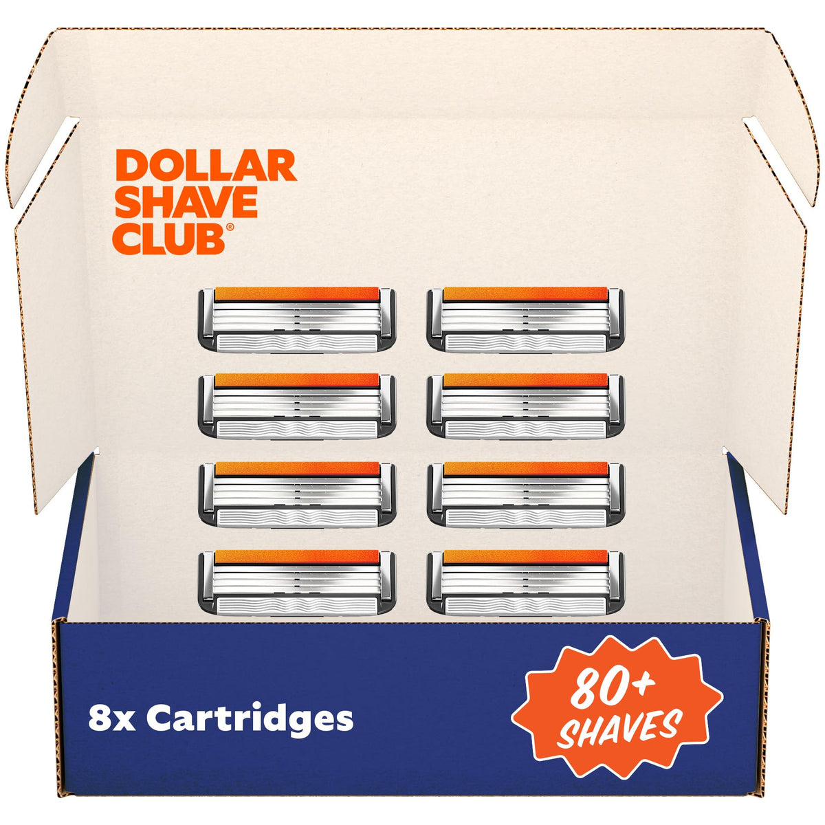 Genuine Dollar Shave Club razor refills in a box, featuring 8 cartridges for over 80 shaves. Authentic quality assured.