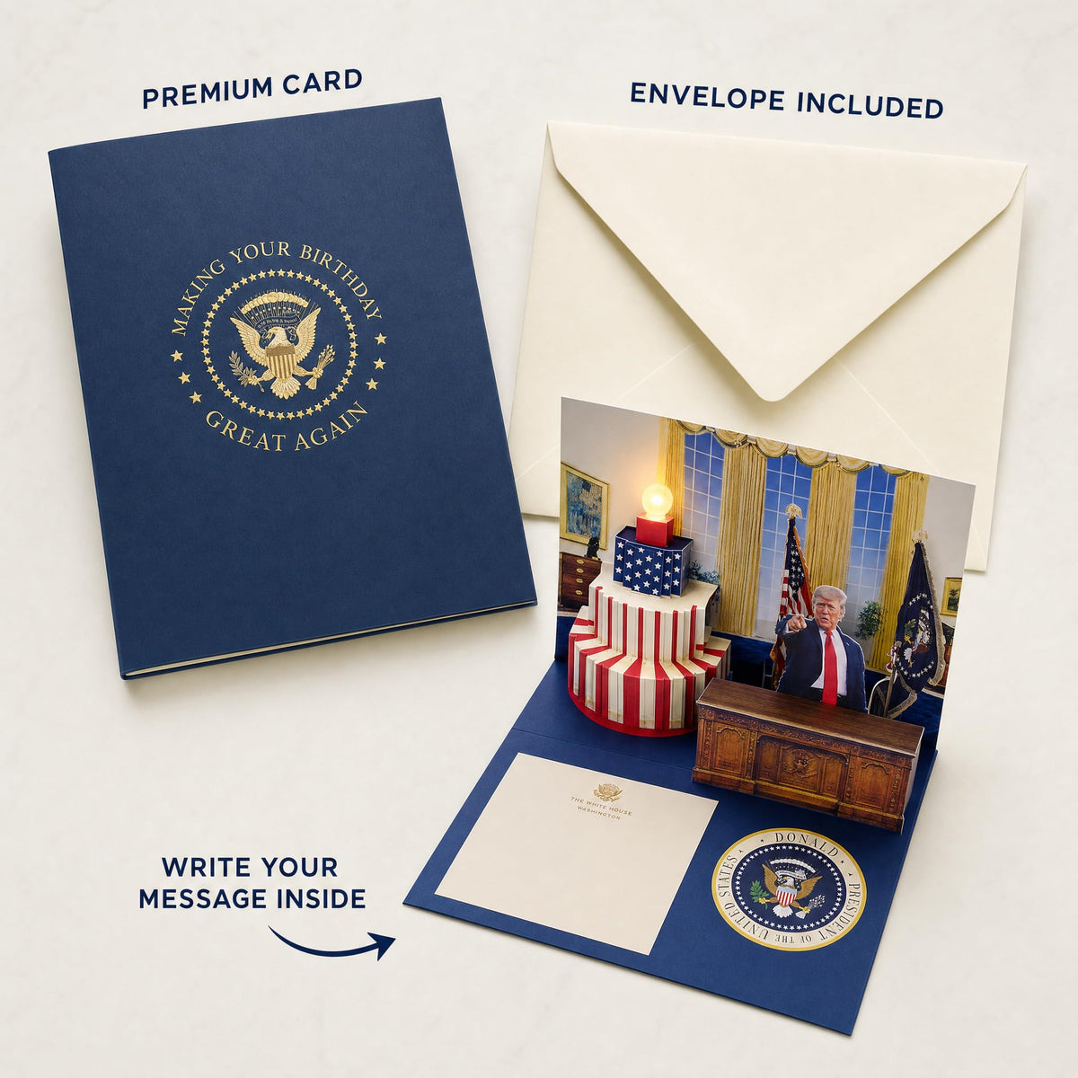 Celebrate with the Donald Trump Birthday Card, featuring a premium design and envelope included. Perfect for special occasions. Curat Cart.