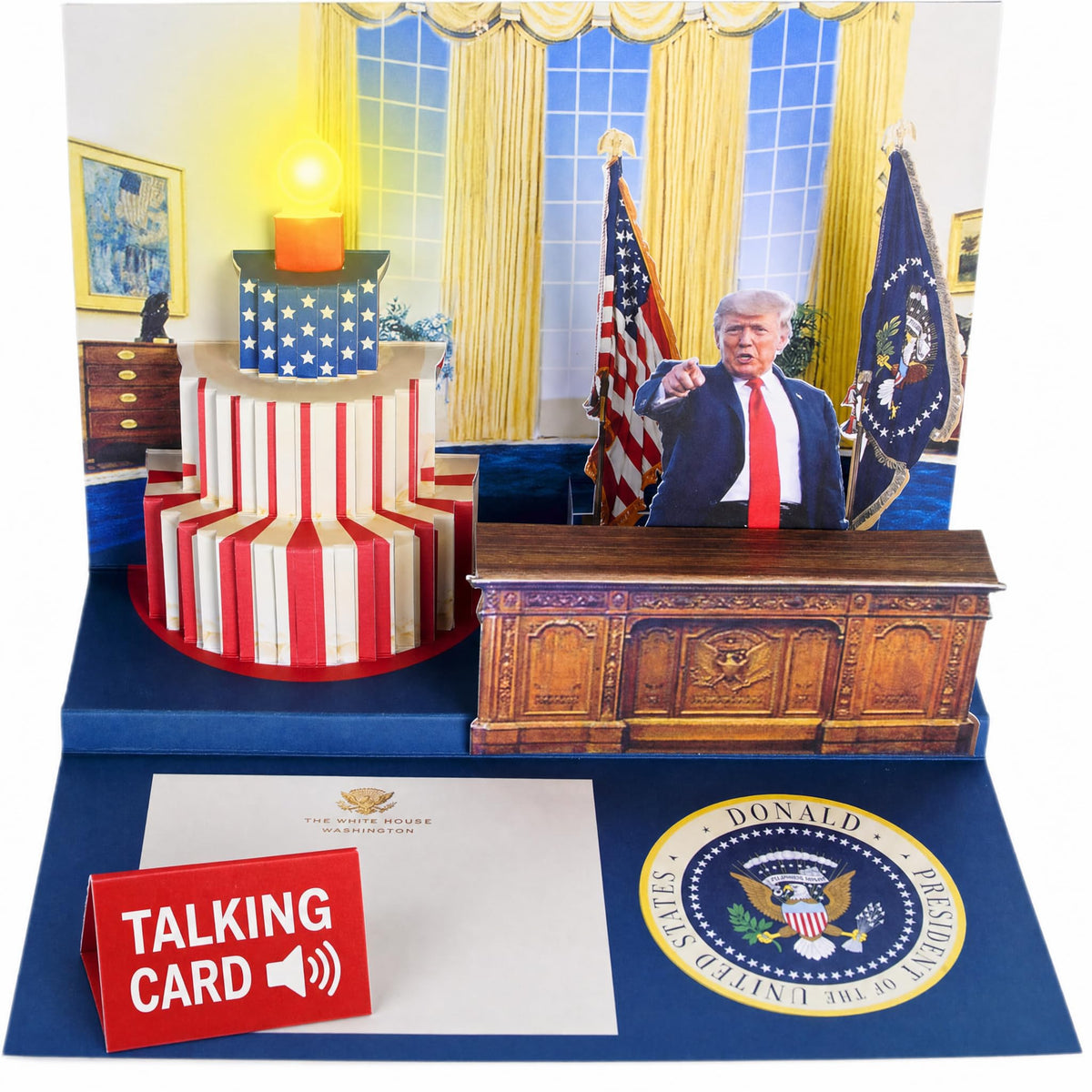 Celebrate with this premium imported Donald Trump Birthday Card featuring a pop-up design and talking feature, available at Curat Cart.